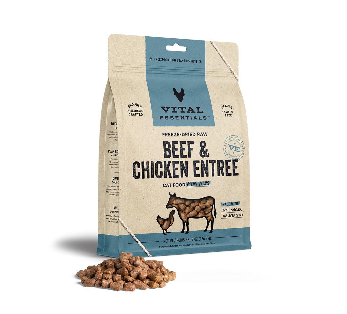 Vital Essentials Freeze Dried Beef & Chicken Entree Cat Food Mini Nibs, 8oz