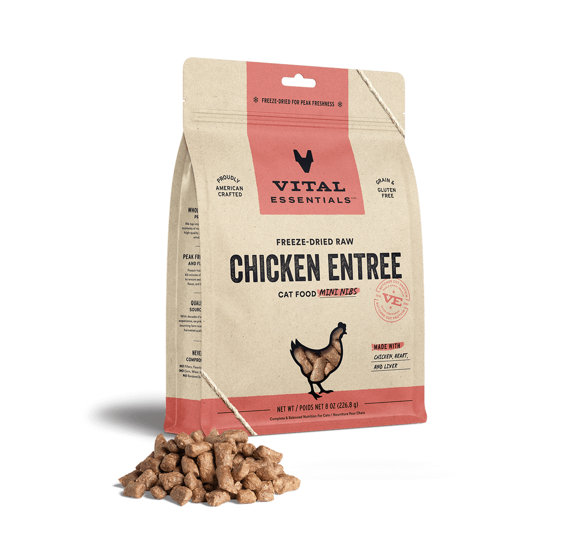 Vital Essentials Freeze Dried Raw Chicken Entree Cat Food Mini Nibs, 8oz