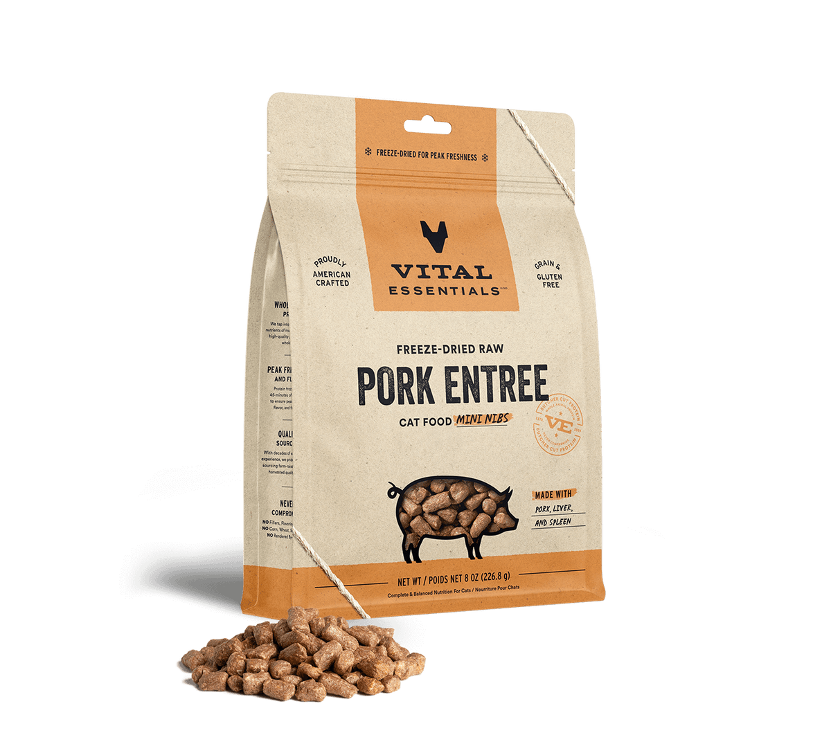 Vital Essentials Freeze Dried Pork Entree Cat Food Mini Nibs, 8oz