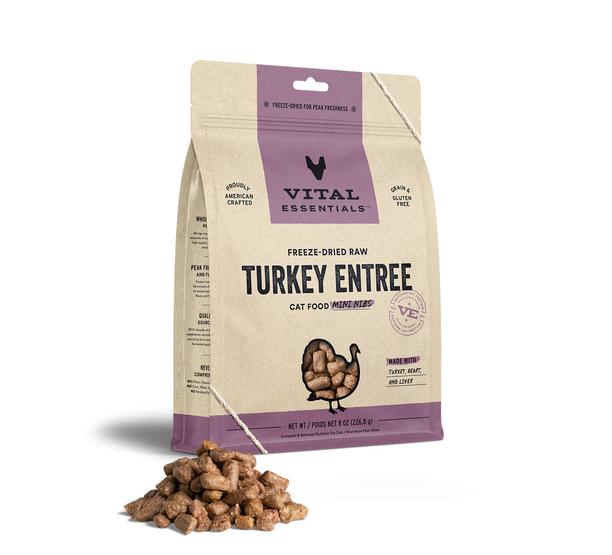 Vital Essentials Freeze Dried Turkey Entree Cat Food Mini Nibs, 8oz