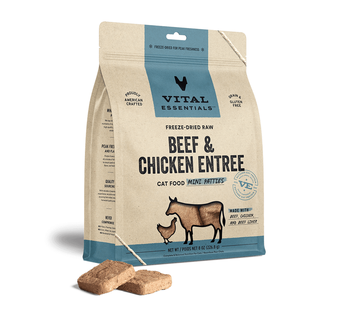 Vital Essentials Freeze Dried Beef & Chicken Entree Cat Food Mini Patties, 8oz
