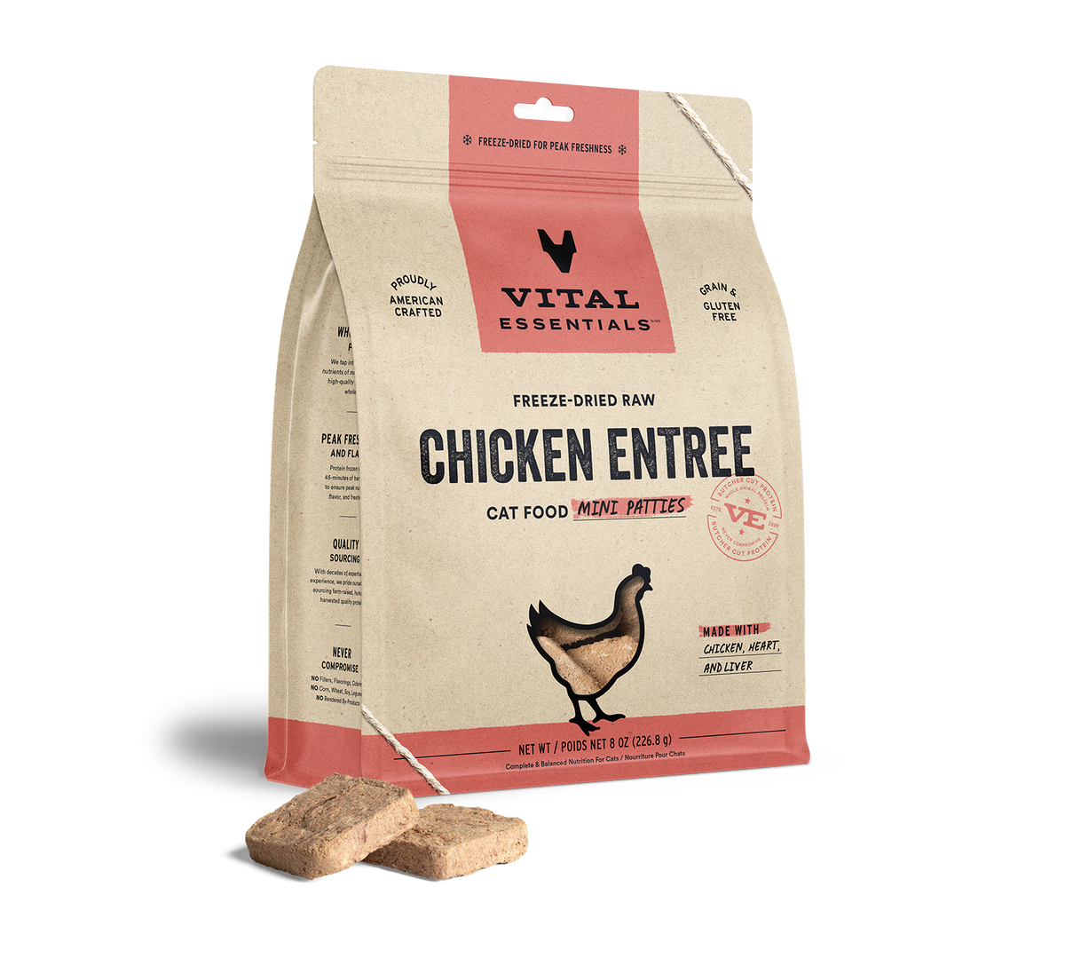 Vital Essentials Freeze Dried Raw Chicken Entree Cat Food Mini Patties, 8oz