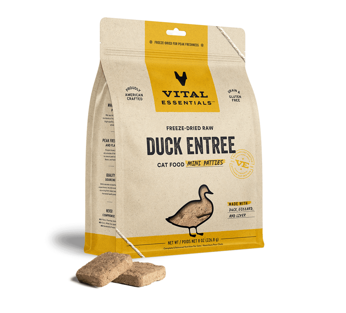 Vital Essentials Freeze Dried Duck Entree Cat Food Mini Patties, 8oz