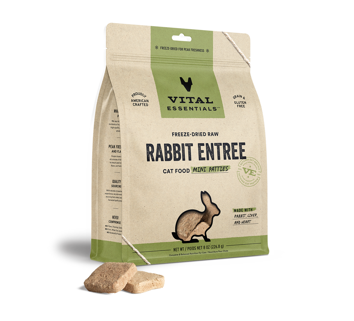 Vital Essentials Freeze Dried Rabbit Entree Cat Food Mini Patties, 8oz